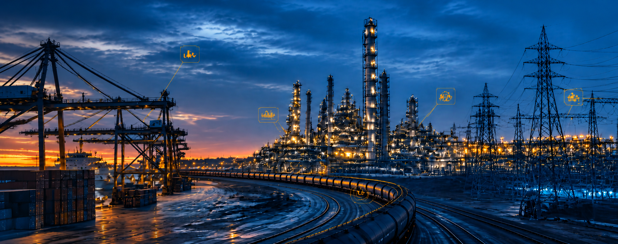 Transmission infrastructure and port operations at dusk