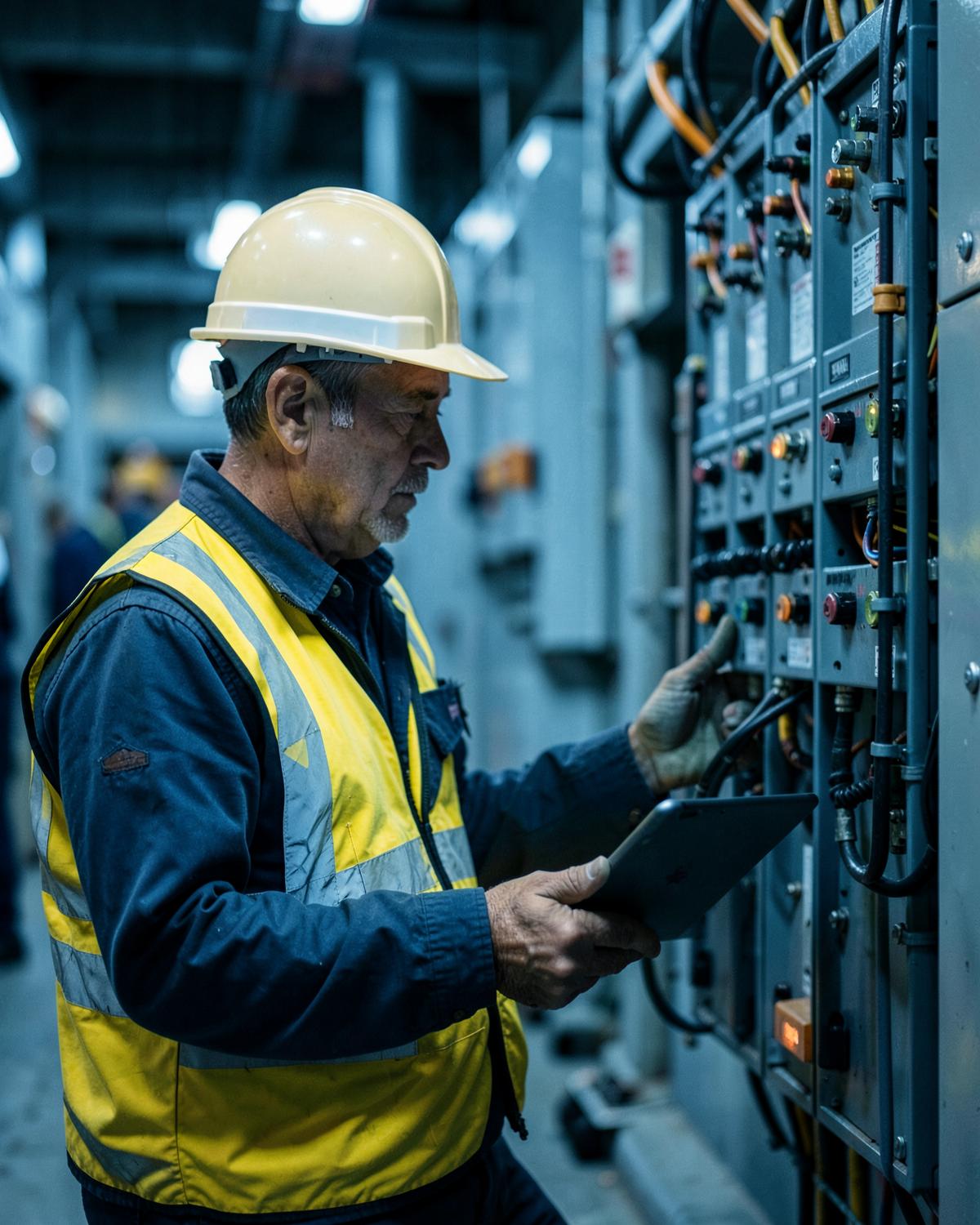 Field technician inspecting industrial electrical equipment with a tablet