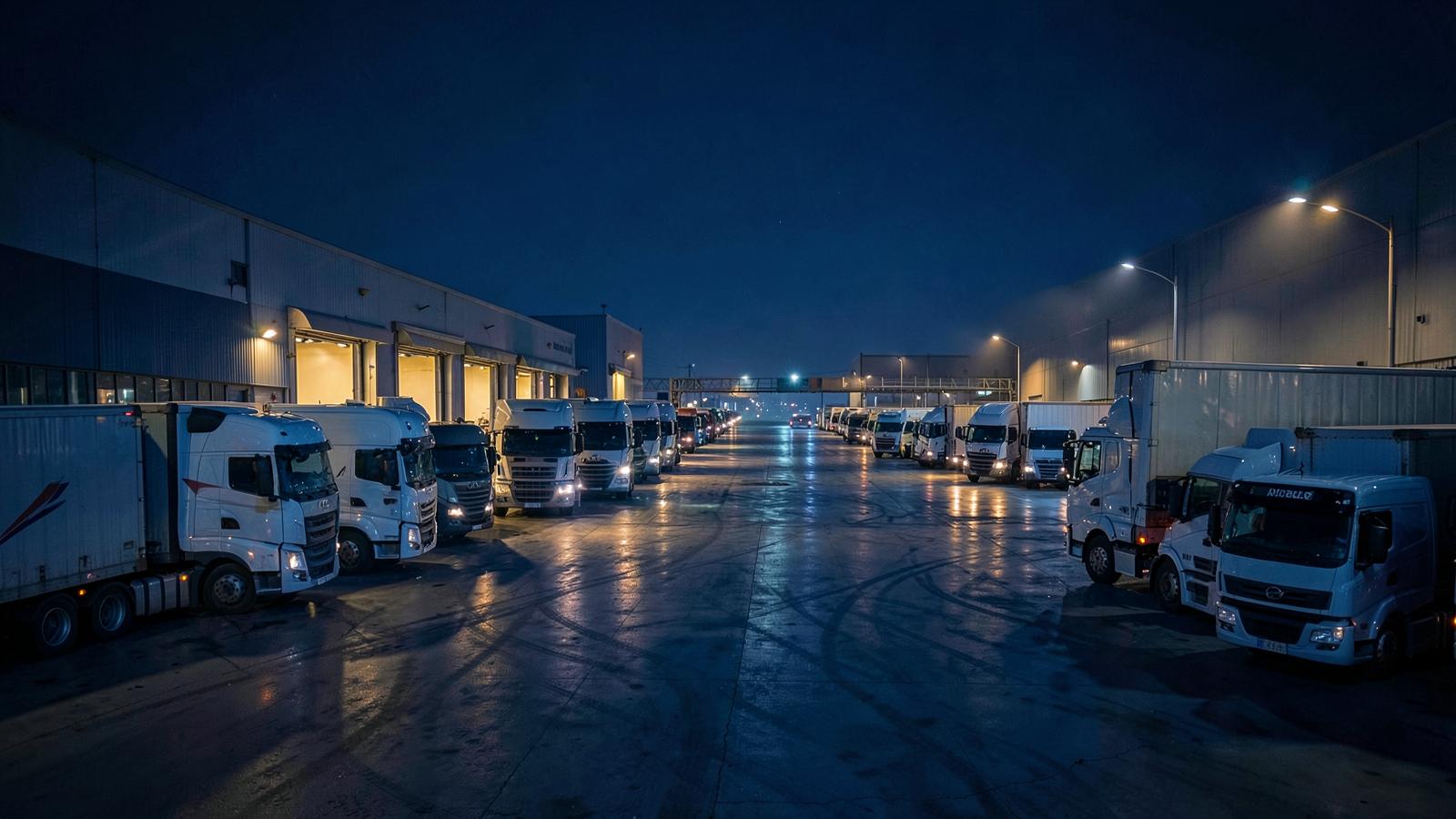Logistics yard with trucks and warehouse loading docks
