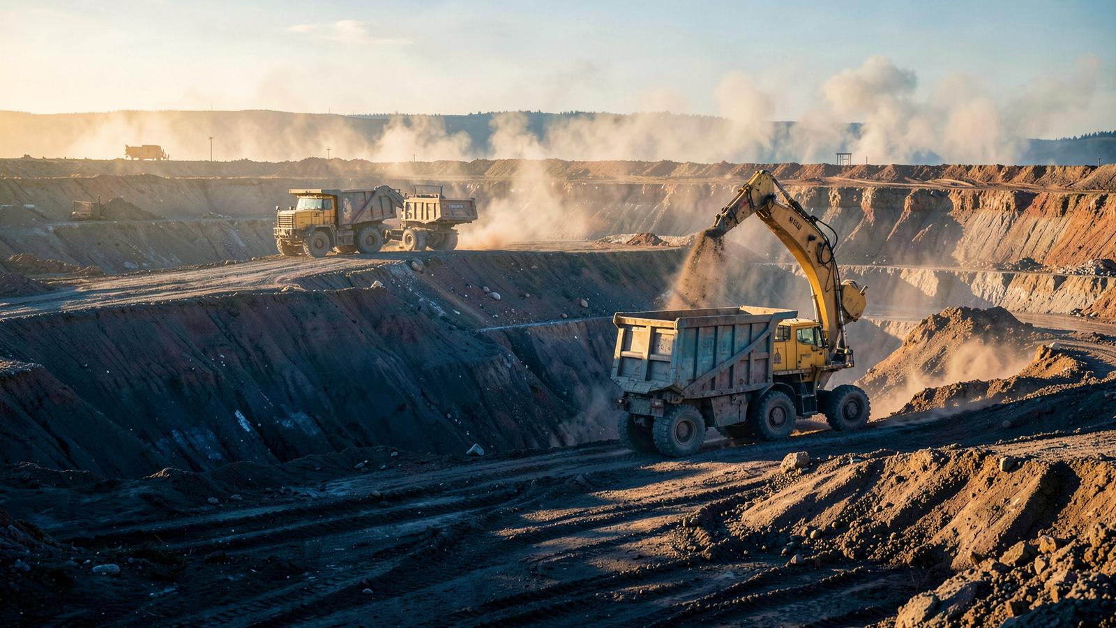 Open-pit mining operation with heavy haul trucks and excavators