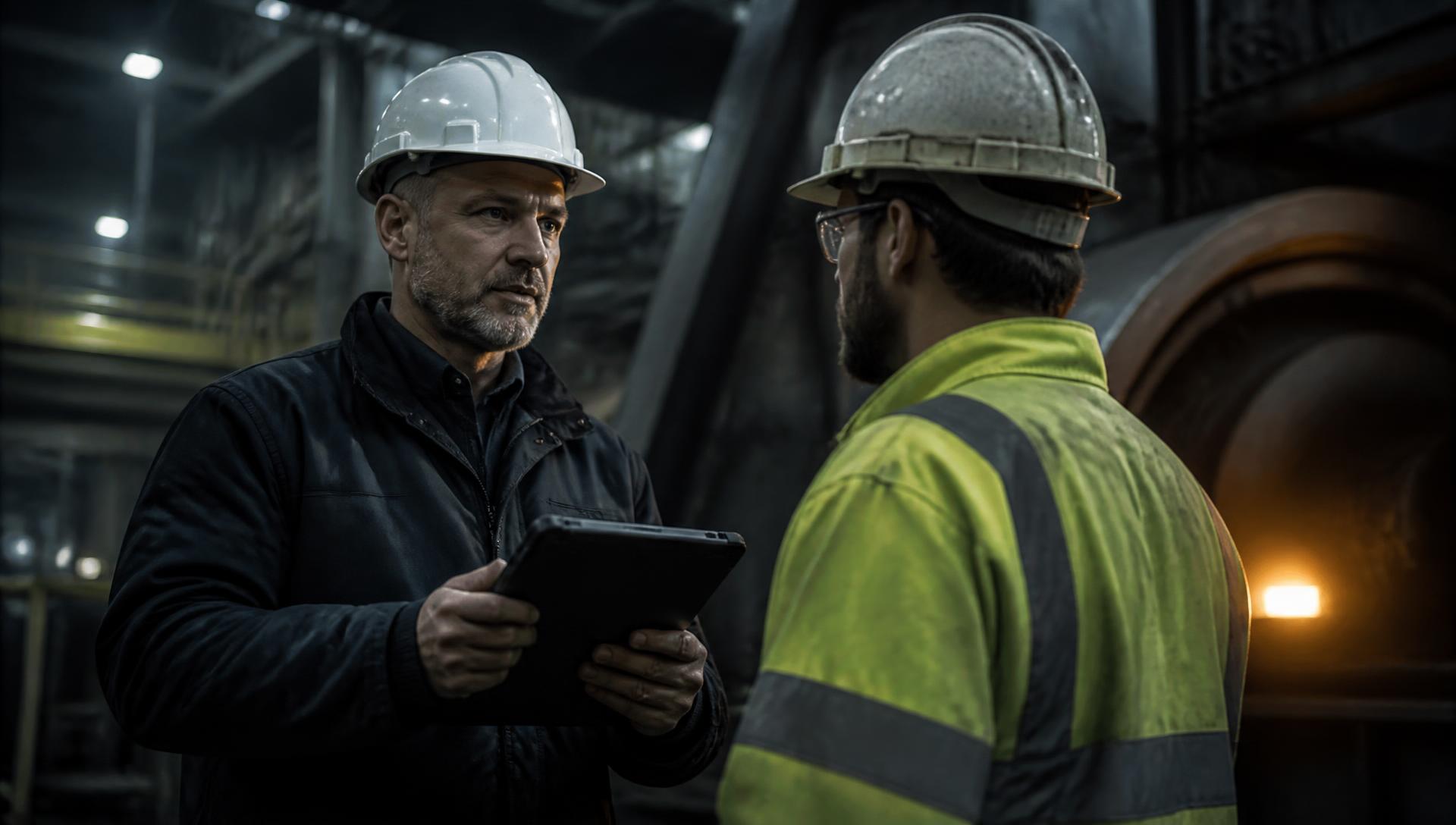 Supervisor and field technician coordinating operational work inside an industrial plant