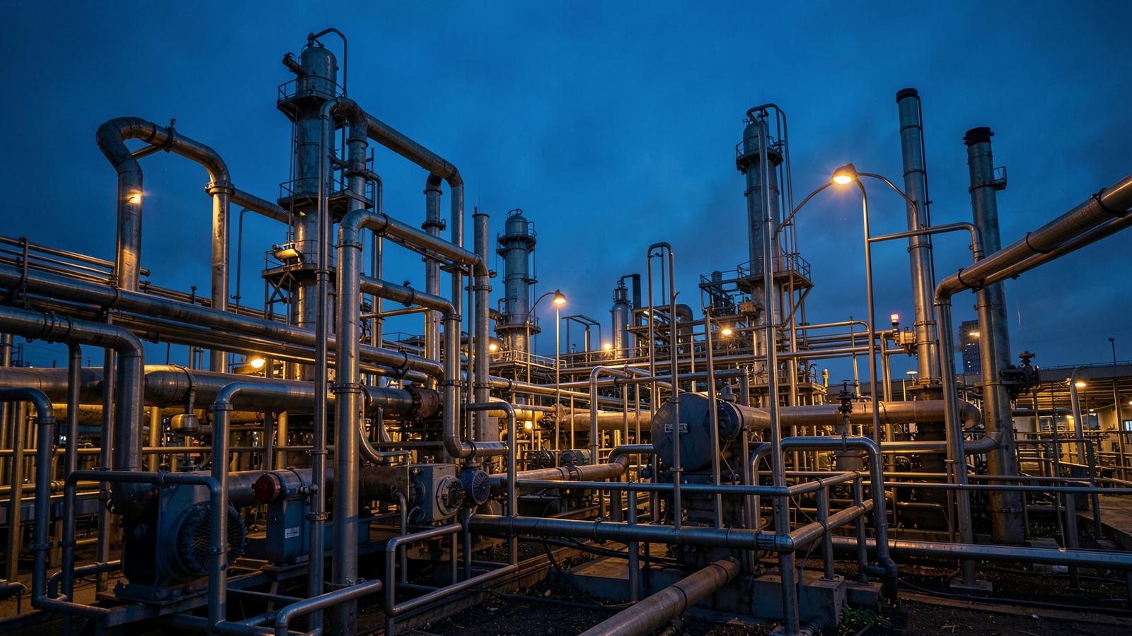 Industrial refinery with pipelines and processing equipment
