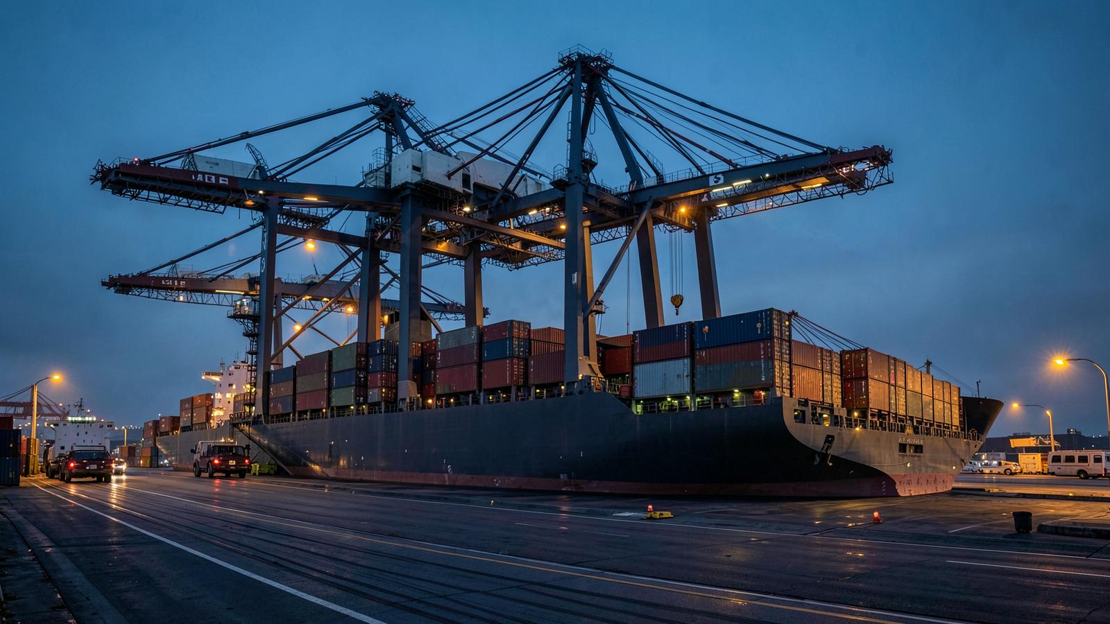 Container terminal with ship-to-shore cranes loading a vessel