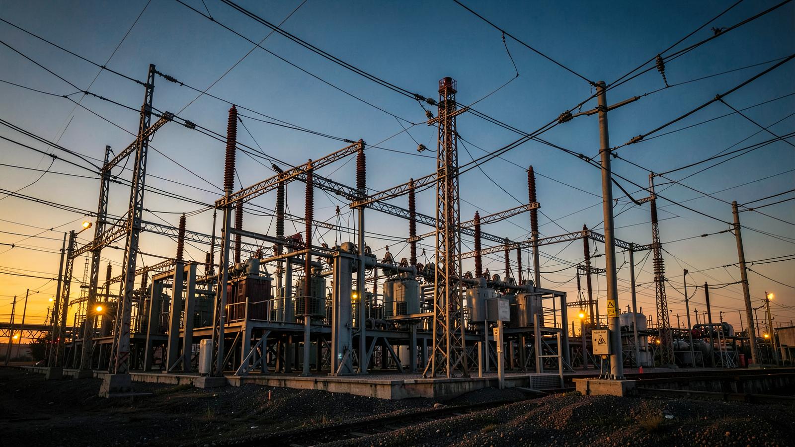 High-voltage transmission lines and substation infrastructure at dusk