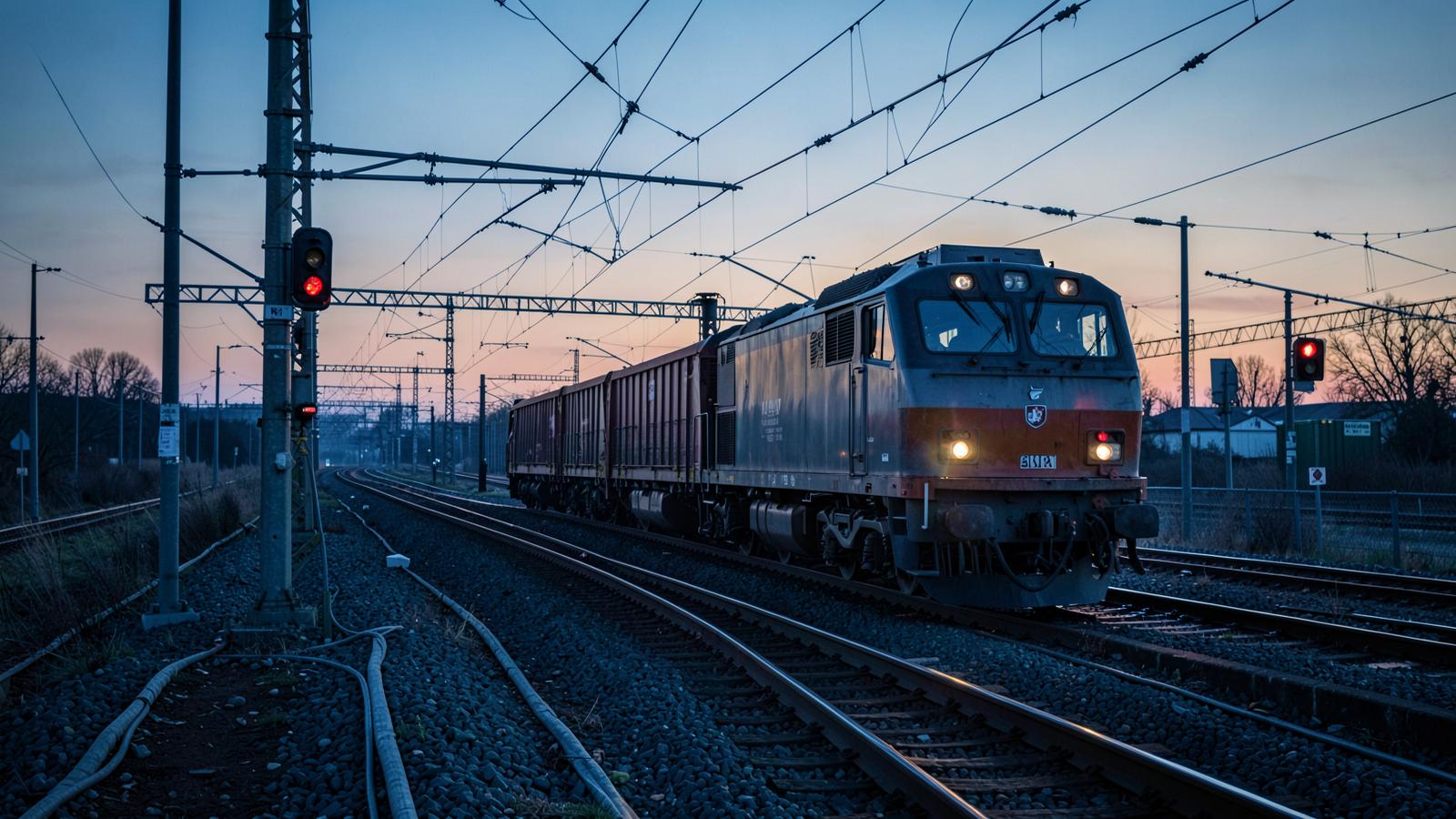 Railway infrastructure with overhead electrical lines and a locomotive