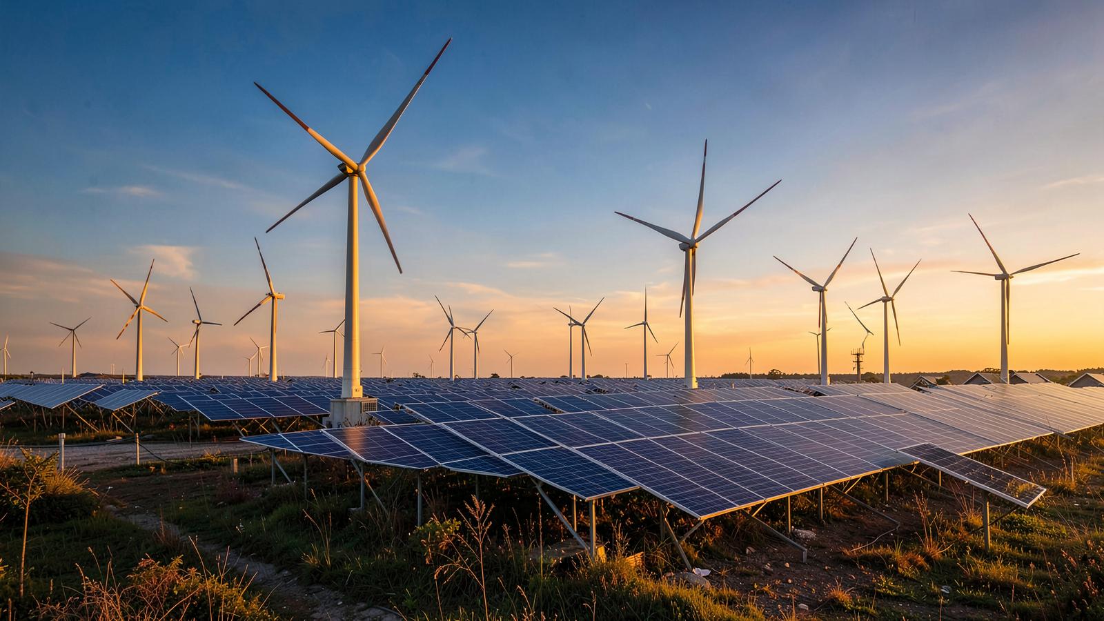 Wind turbines and solar panels at a renewable energy site